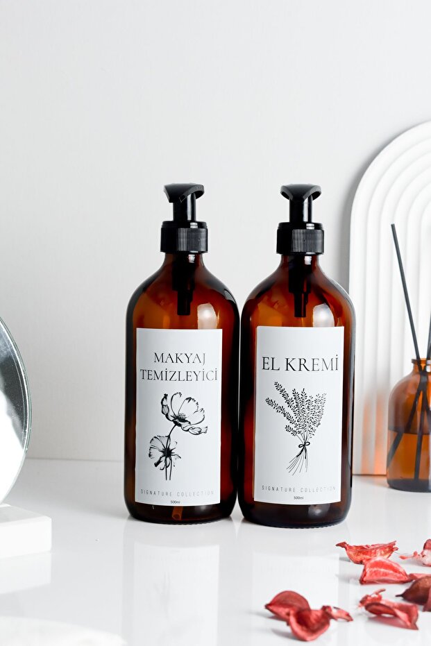 Amber Glass Bottle with Hand Cream and Makeup Remover Label 500 Ml