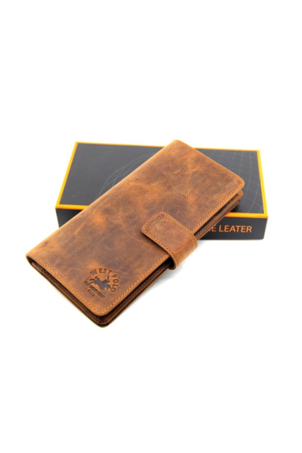 Brown Unisex Placket Vintage Crazy Genuine Leather Wallet Card Holder