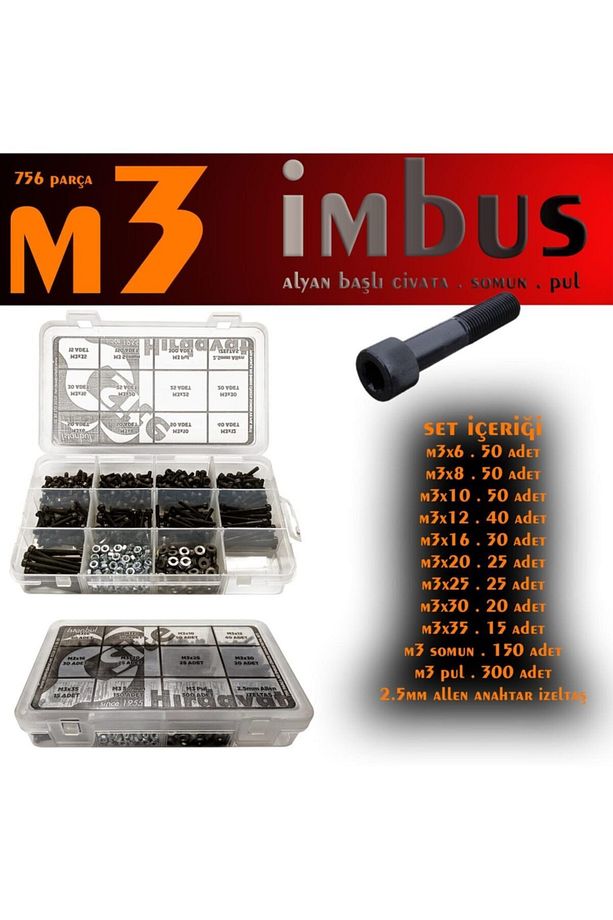 756 Parça M3 Imbus Alyan Başlı Civata Somun Pul Seti - 1