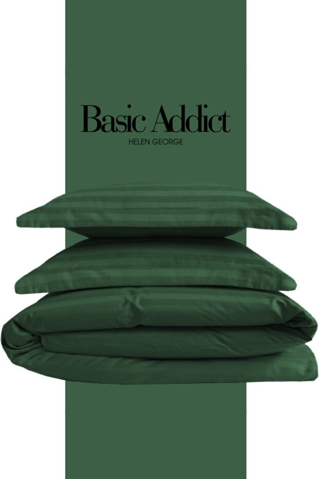 Basic Addict - Cotton Satin Striped Double Duvet Cover Set / Green