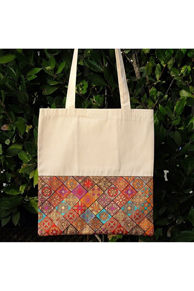 Canvas Cloth Bag with Inner Pocket and Velcro 36 X 40 cm Symmetrical Carpet Pattern