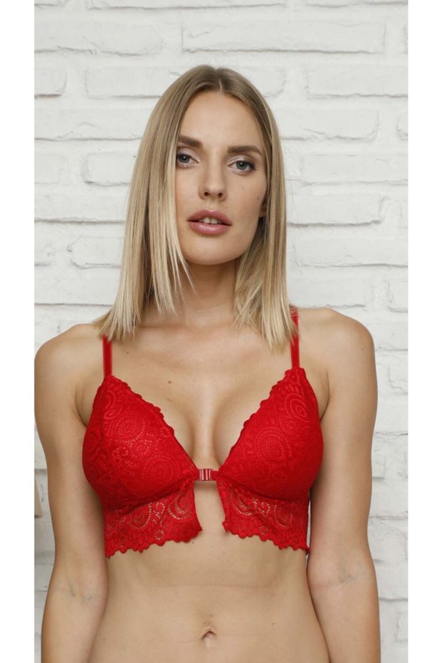 Women's Red Supported Front Clip Back Detailed Half Bralet Single Bra