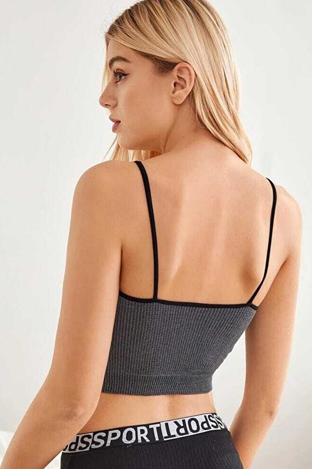 Kadın Anstrasit Gri İp Askılı Crop Top Bluz - 3