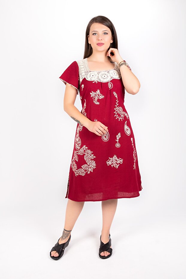 Women's Şile Cloth Lace Collar Burgundy Dress