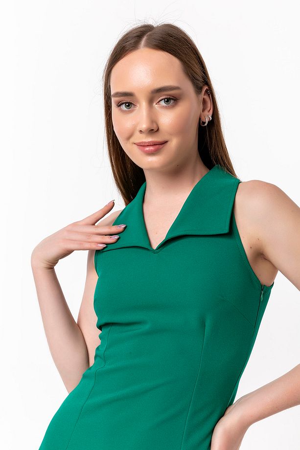 Yeşil Gömlek Yaka Detaylı Mini Elbise - 4