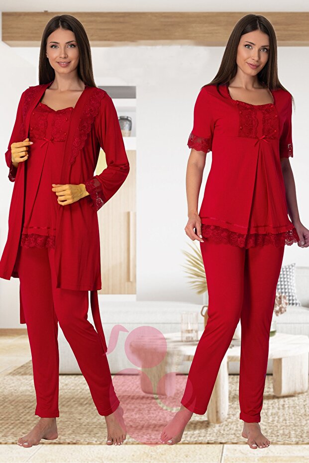 Cherry Breastfeeding Featured Maternity Pajamas Set with Dressing Gown Effortt 6034