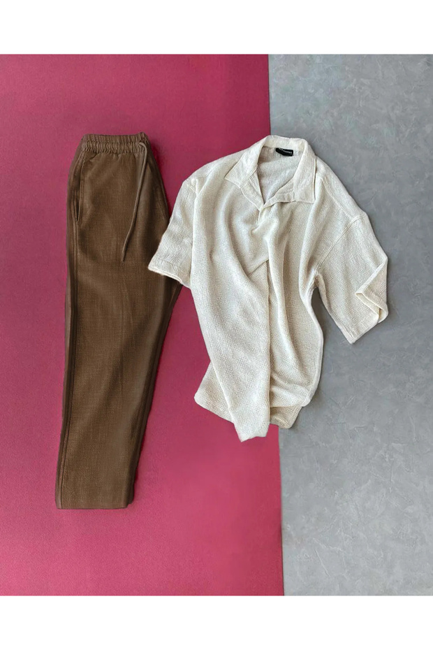 Beige Linen Oversize T-Shirt Brown Trousers Set