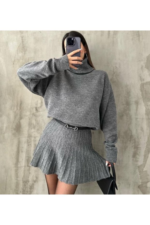 Women's Gray Pleated Skirt Fisherman Knitwear Double Set