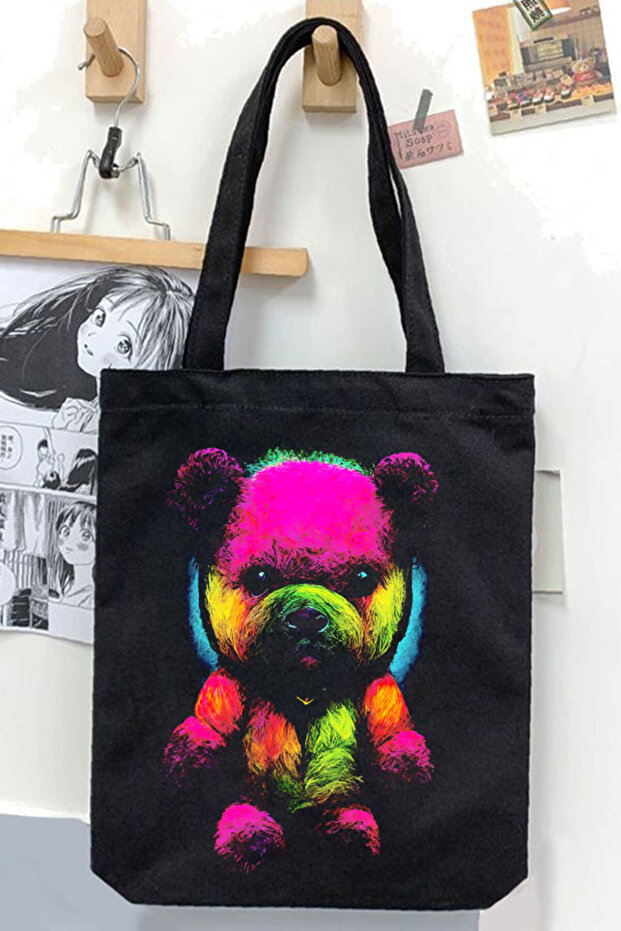 Colorful Teddy Bear Black Unisex Canvas Bag Gabardine Canvas