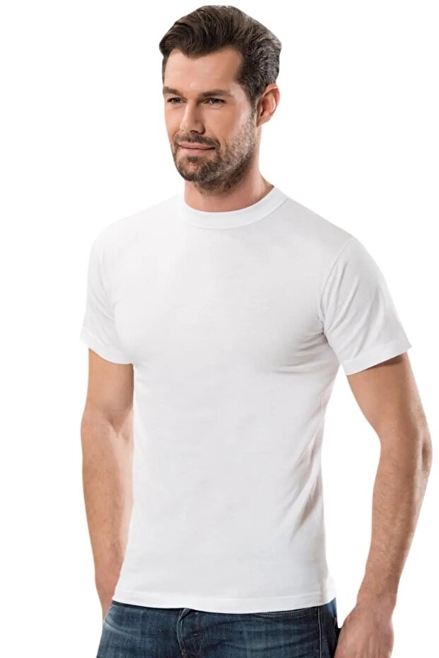 Men's Large Size Cotton Undershirt - 6 Pieces, Crew Neck, Short Sleeve (Fanilla)