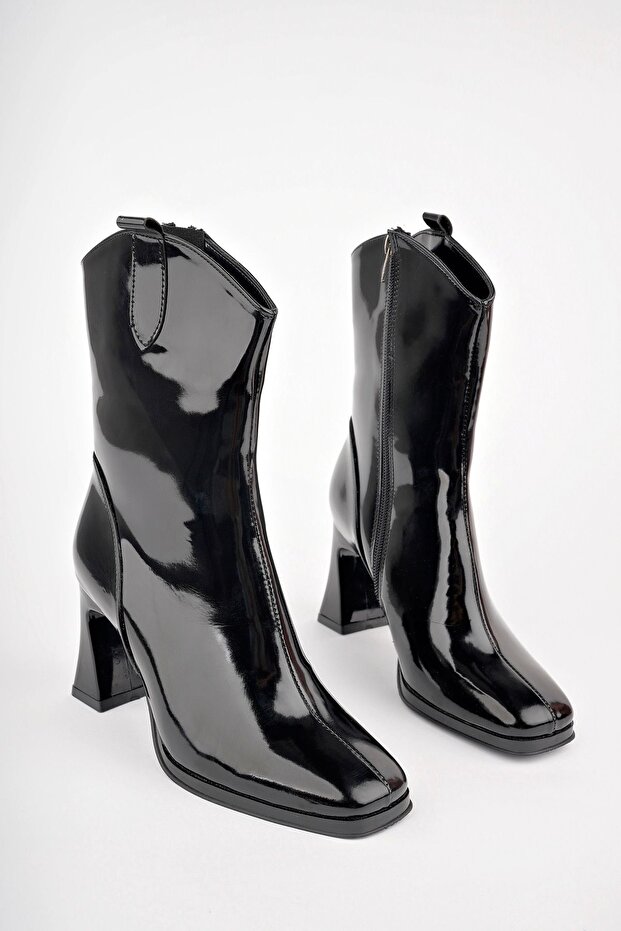 Women's Black Faux Patent Leather Mid-Heeled Square Toe Zippered Boots