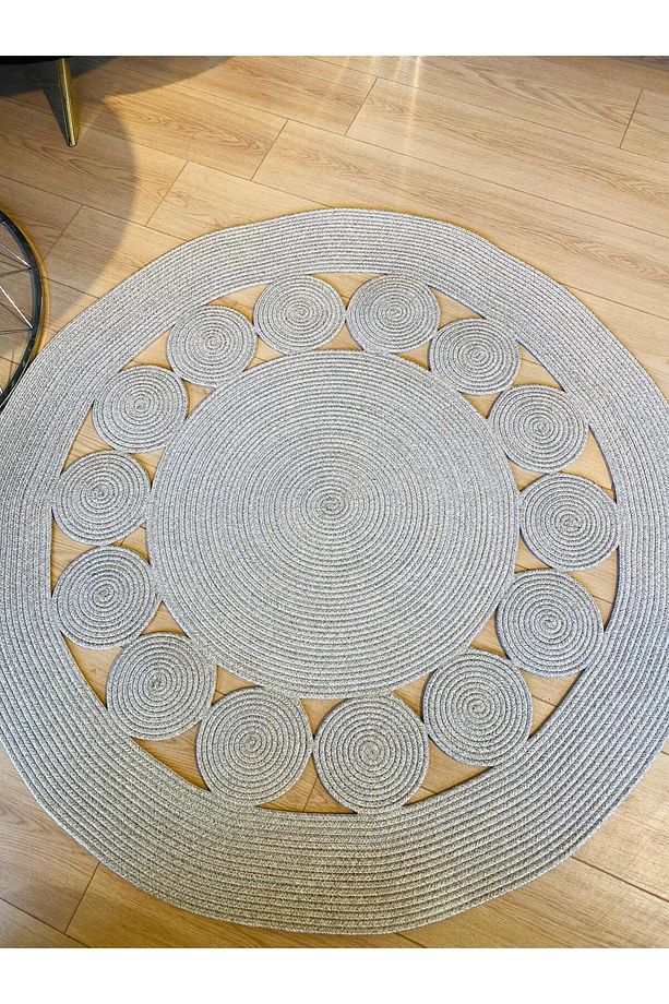 jüt Hasır görünümlü Desenli Modern El Örgüsü daire Halı Kilim - 6