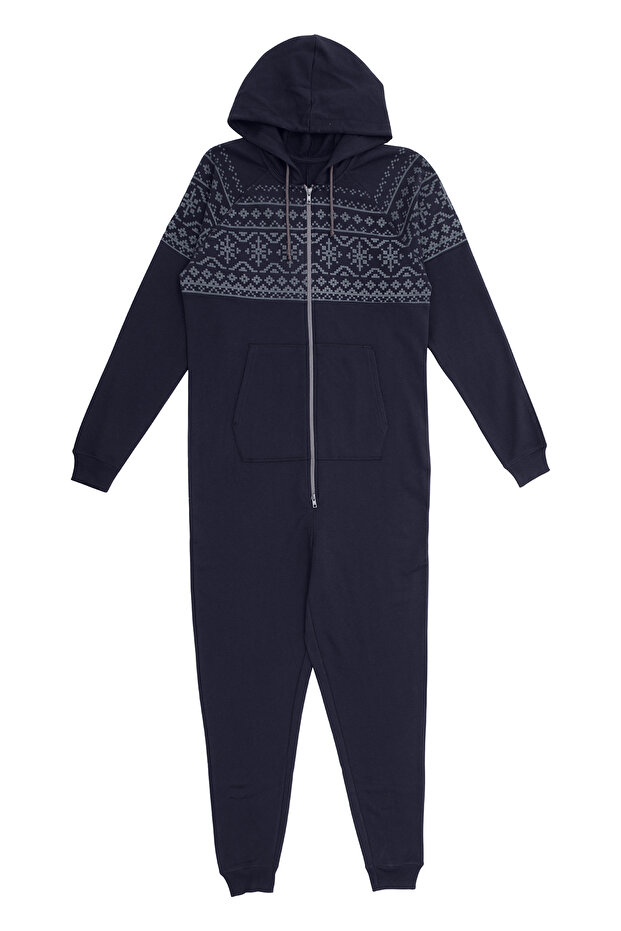 Темно-синій унісекс комбінезон з капюшоном і застібкою-блискавкою з північним візерунком - 1