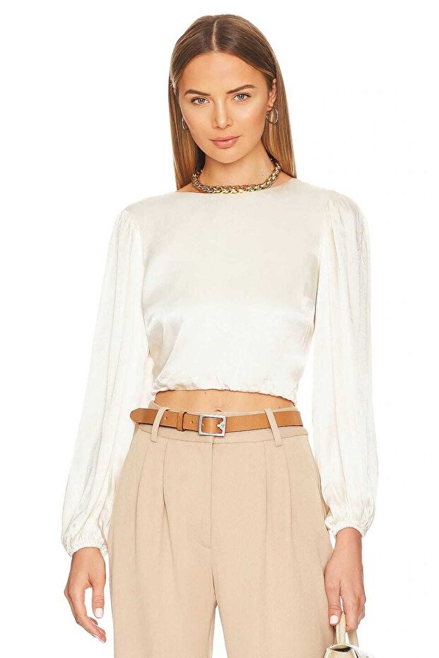 Women's Satin Off-White Crew Neck Long Sleeve Blouse
