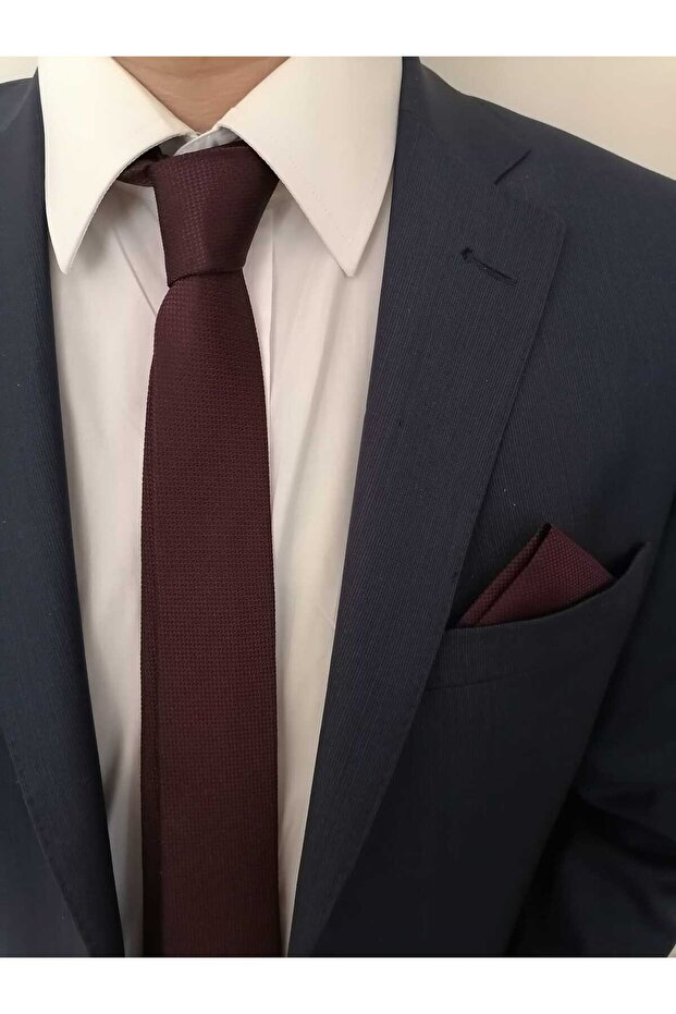 Dark Claret Red Tie and Handkerchief Set 5.5 Cm - K009