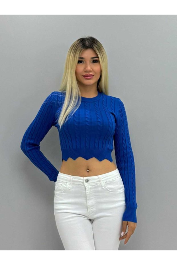 Burma Knitted Bottom Side Zik Zak Cut Detailed Round Collar Thin Knitwear Blouse