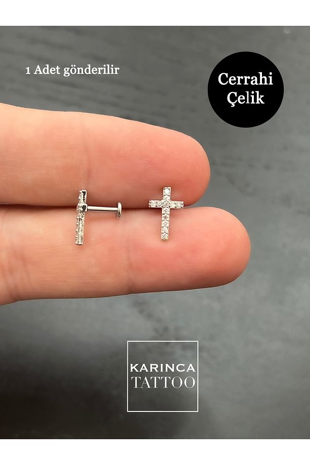 Haç Taşlı Piercing Kıkırdak Kulak Forward Helix Flat Conch Tragus Piercing Cerrahi Çelik - 5