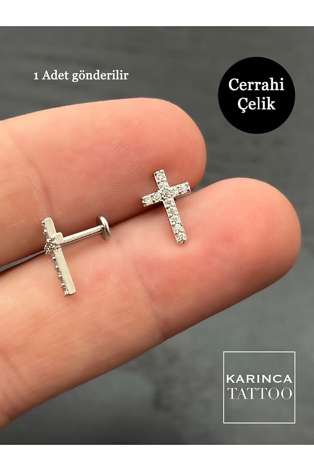 Haç Taşlı Piercing Kıkırdak Kulak Forward Helix Flat Conch Tragus Piercing Cerrahi Çelik - 1
