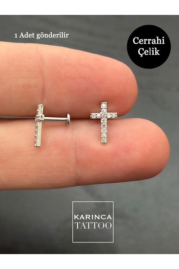 Haç Taşlı Piercing Kıkırdak Kulak Forward Helix Flat Conch Tragus Piercing Cerrahi Çelik - 2