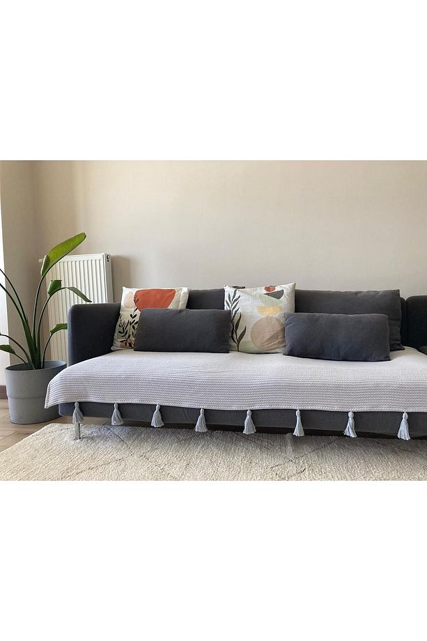 Püsküllü Örgü Desen Koltuk Örtüsü Gri (Üçlü Koltuk İçin) 90x210 cm - 2