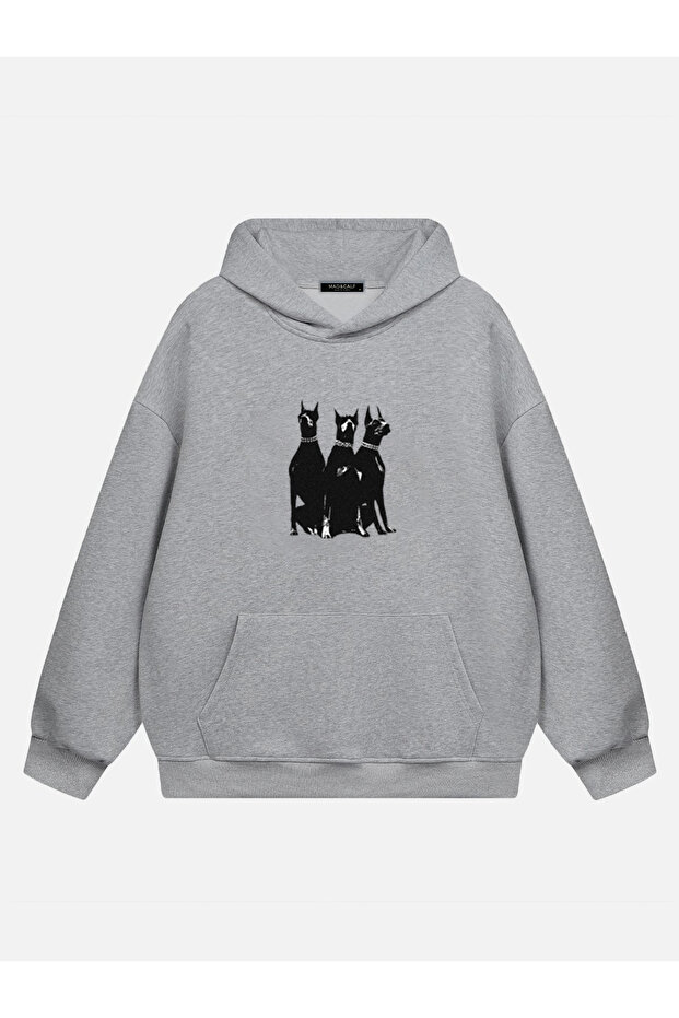 Unisex Doberman Printed Hooded Fleece Oversized Sweatshirt