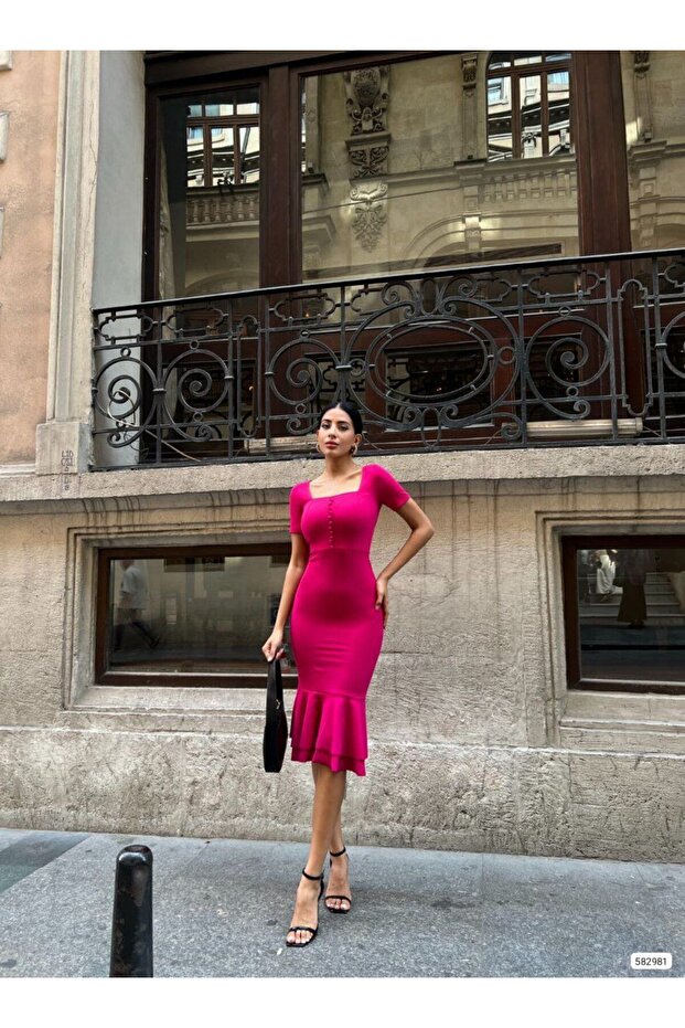 Women's Fuchsia Square Neck Short Sleeve Button Detail Double Flounce Midi Evening Dress