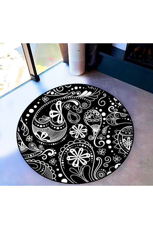 Mira Round Black and White Ethnic Patterned Woven Base Decorative Carpet 5729