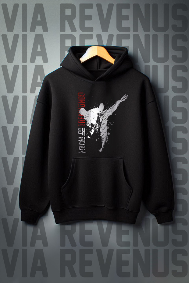 Taekwondo Printed Kangaroo Pocket 3 Threaded Yarn Raised Wide Pattern Hooded Sweatshirt