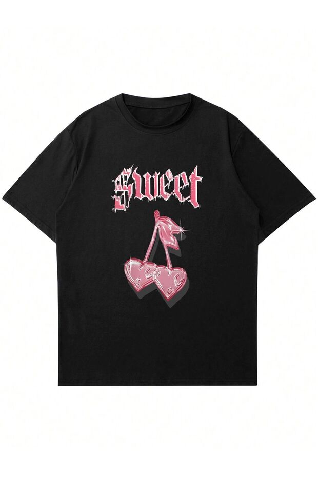 Unisex Sweet Cherry Printed Crew Neck Oversize T-Shirt