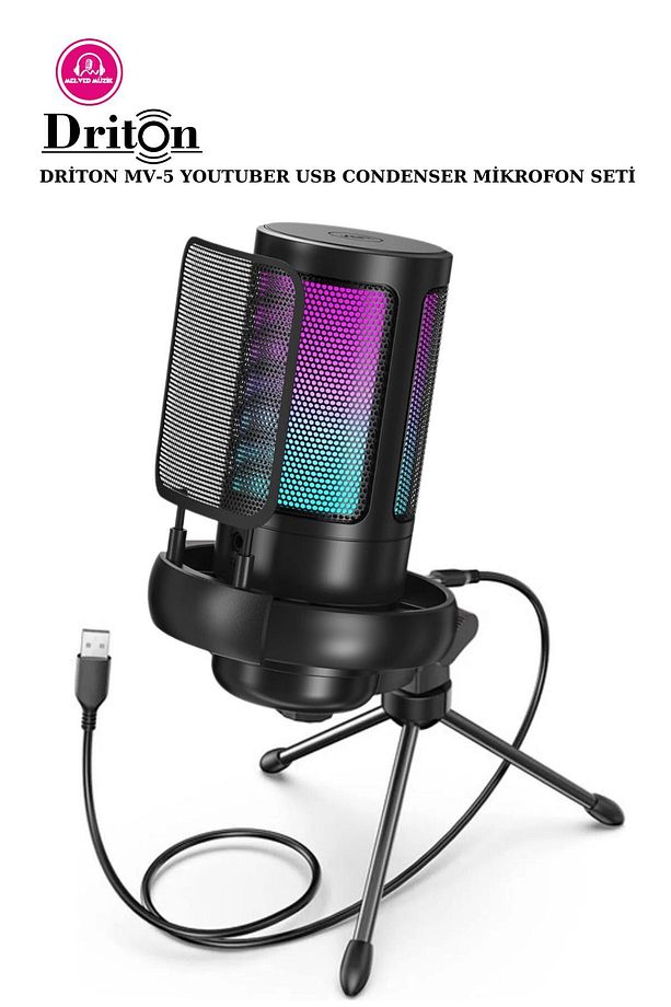 Driton Youtuber Mikrofon Mv-5 Siyah Rgb Usb Oyuncu Yayıncı Ve Podcast Için Uyumlu Condenser Mikrofon - 1