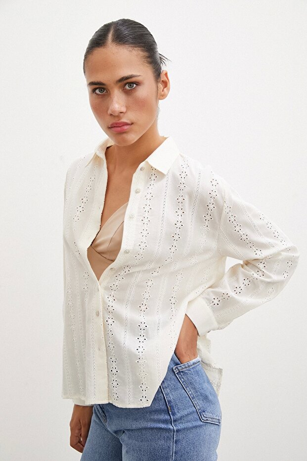 Fisto İşlemeli Gömlek Krem - 4