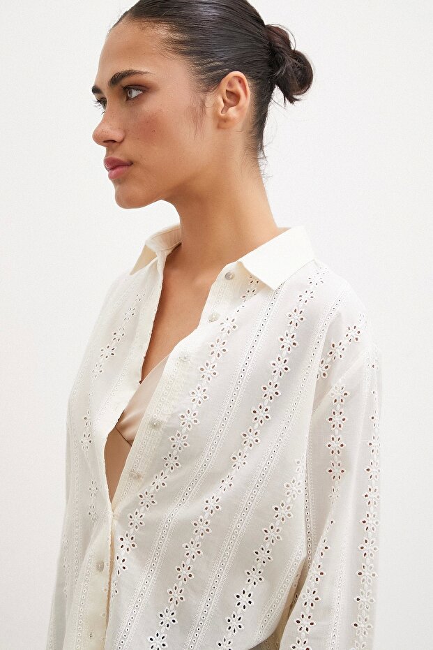 Fisto İşlemeli Gömlek Krem - 5