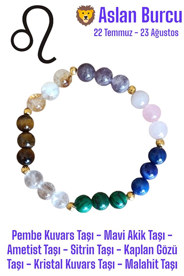 Leo zodiac bracelet (tiger eye, agate, rose quartz, amethyst, citrine, crystal quartz, malachite)