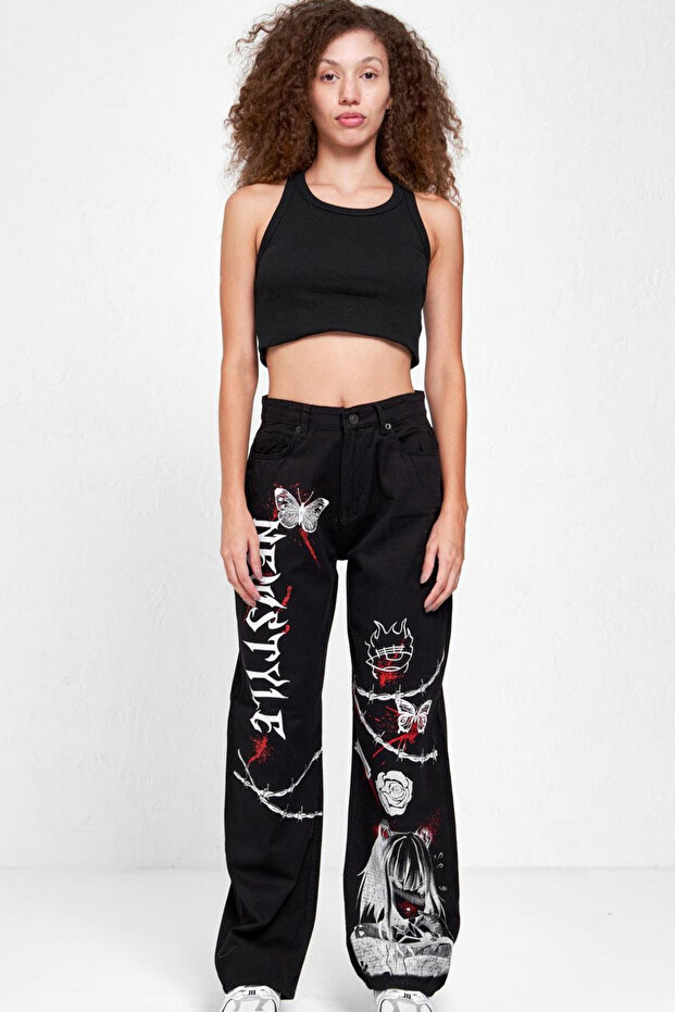 Black Baggy Pants - 100% Cotton, Printed, Wide Leg Style