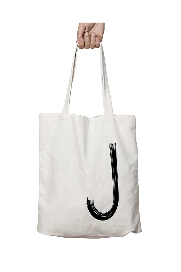 White Two-Sided Permanent Washable School Beach Shoulder Tote Bag with Letter J