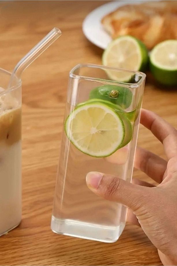 2 Li Pipetli Kare Kahve Bardağı | Meşrubat Bardağı | Soğuk Kahve Bardağı | Dikdörtgen bardak 350ml - 4