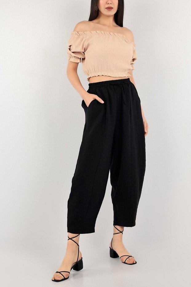 Women's Black Elastic Waist Loose Pocket Aerobin Shalwar Trousers