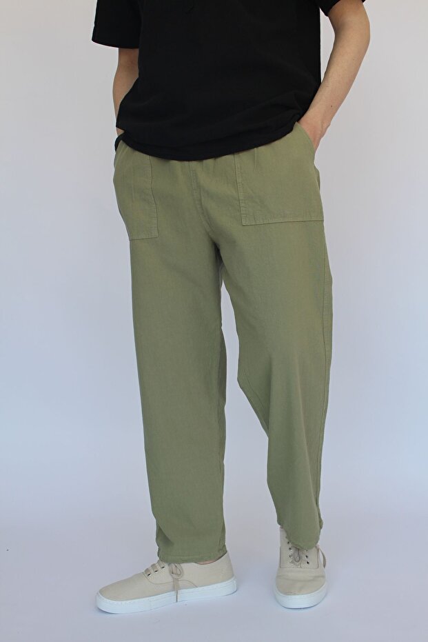 Unisex Yazlık Beli Lastikli Keten Pantolon Rahat Kalıp Pamuklu Serin Tutan Büzme Ipli Keten Pantolon - 1