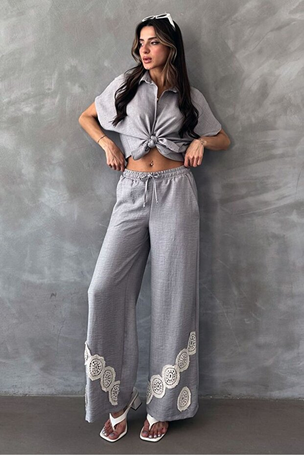Gray Lace-Up Linen Trousers