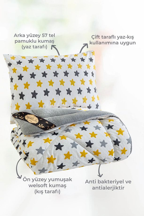 Pofuduk Tek Kişilik Welsoft Star Desenli Çift taraflı Yorgan Seti - 3