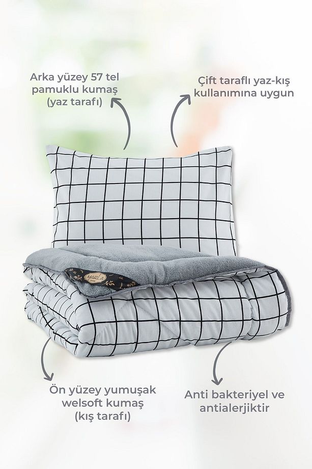 Line Gri-beyaz Desenli Tek Kişilik Çift Taraflı Welsoft Yorgan Seti Wellsoft Battaniye Pofuduk Yumuş - 4
