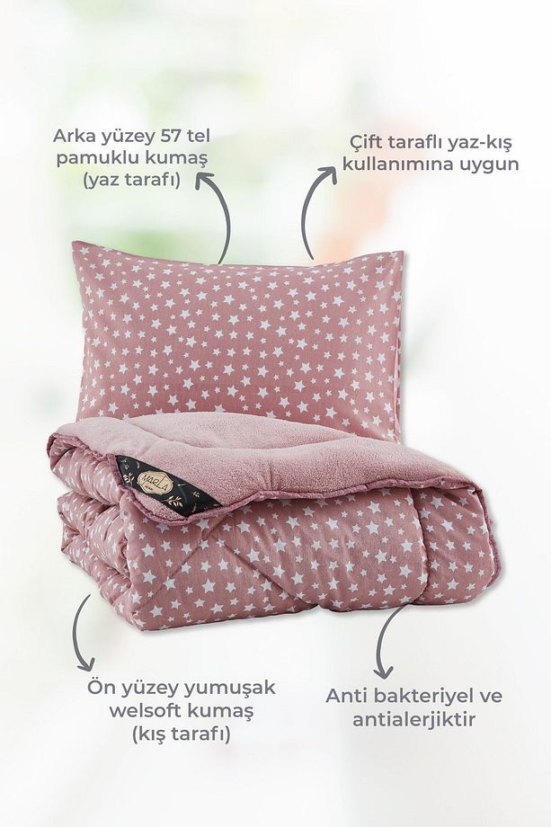 Star Pembe Desenli Çift Kişilik Çift Taraflı Welsoft Yorgan Seti Wellsoft Battaniye Pofuduk Yumuşak - 3