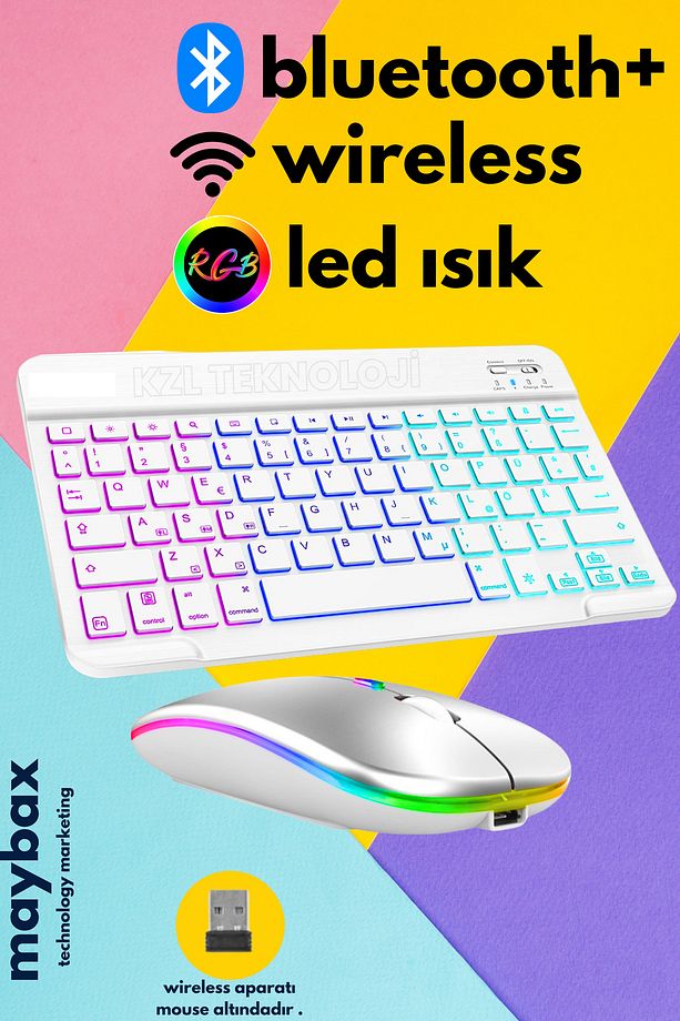 Tüm Cihazlara Uyumlu Akıllı Taşınabilir Şarjlı RGB Kablosuz Bluetooth & Wireless Klavye Mouse Seti - 1