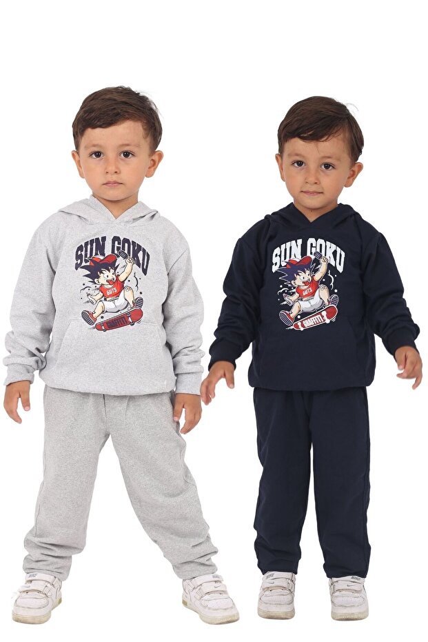 2-Piece Sun Goku Printed Boys' Tracksuit Set with Kangaroo Pocket and Hood