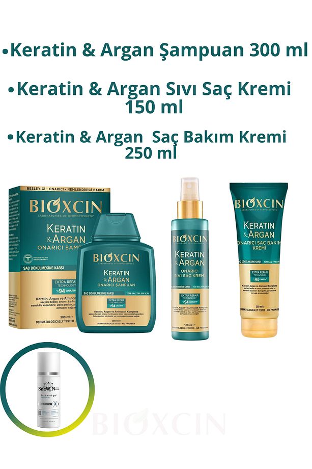 Keratin&Argan Onarıcı Şampuan 300ml +Saç Bakım Kremi 250 ml+Sıvı Saç Kremi 150ml+ Yüz Temizleme jeli - 1