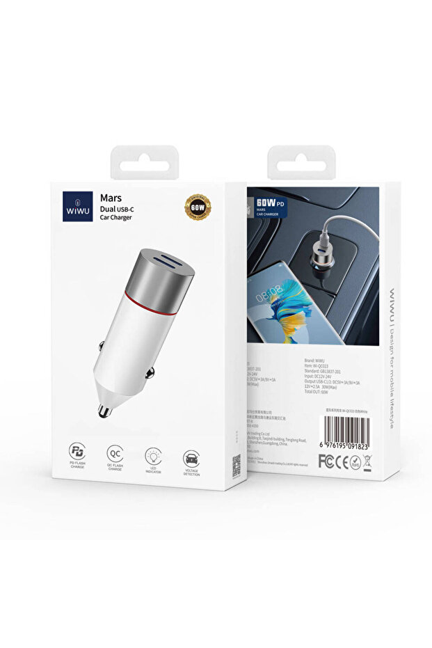 Çift PD Portlu Hızlı Şarj Özellikli Type-C Araç Şarj Başlığı Wiwu Wi-QC023 60W Beyaz - 4