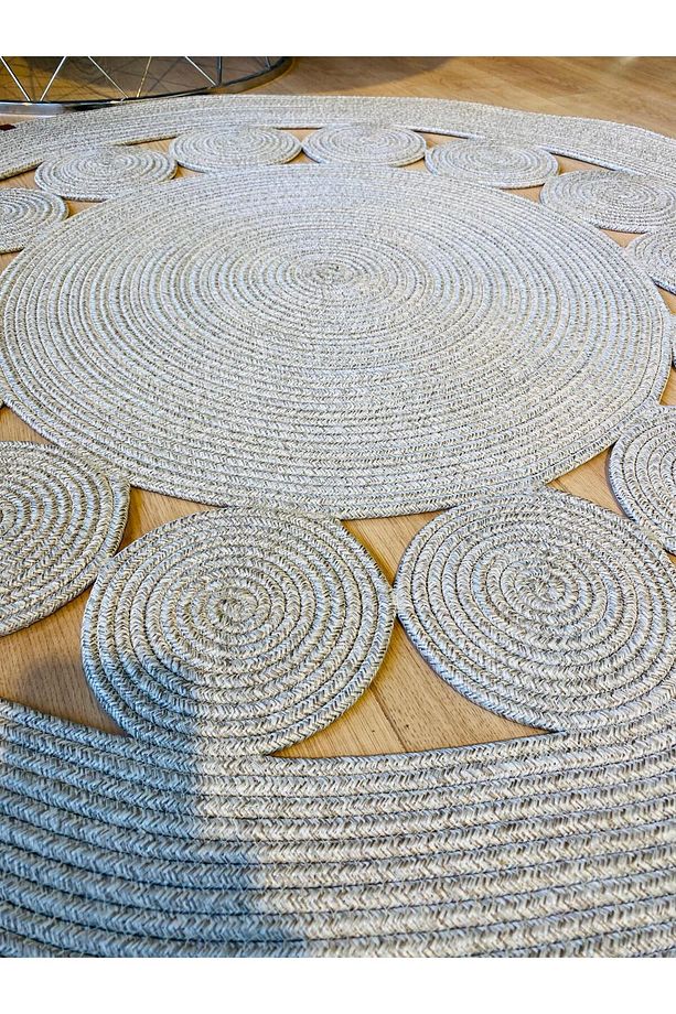 jüt Hasır görünümlü Desenli Modern El Örgüsü daire Halı Kilim - 7