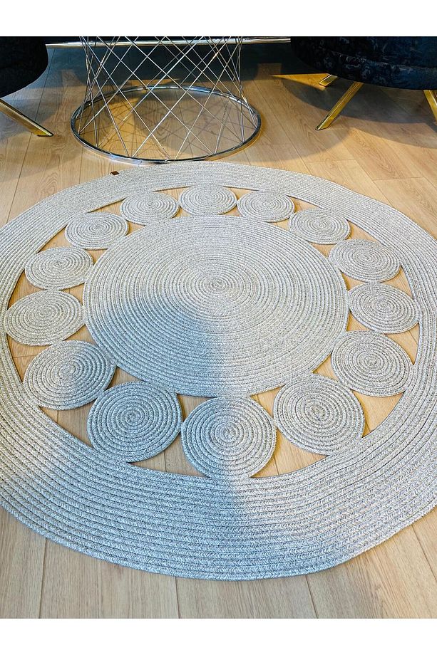 jüt Hasır görünümlü Desenli Modern El Örgüsü daire Halı Kilim - 5