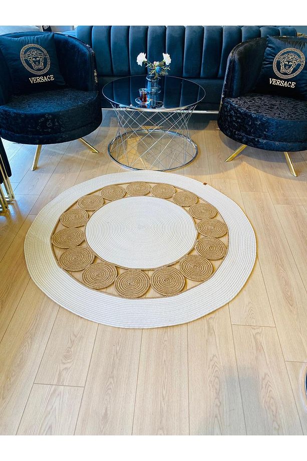 jüt Hasır görünümlü Desenli Modern El Örgüsü daire Halı Kilim - 3