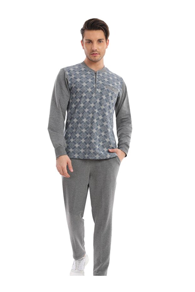 Men's 3 Button Diamond Pattern Anthracite Pajama Suit